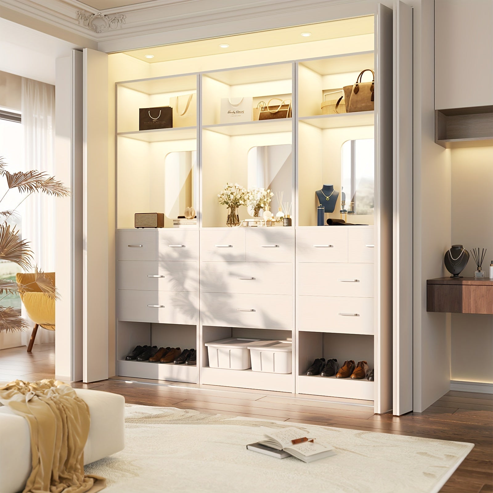 Unikito 25-Inch Wardrobe System Featuring Four Drawers, a 2-Foot Wooden Closet Organizer with Storage Shelves And a Mirror Design, a Robust Freestanding Walk-In Closet Tower for The Bedroom, Measuring 25\