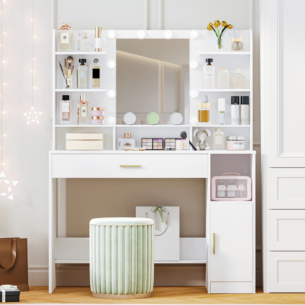 Vanity with Mirror and 10 LED Lights, 3-Level Adjustable Brightness, Dressing Table with Hidden & Open Shelves, Makeup Desk with Oversized Drawer Cabinet in White