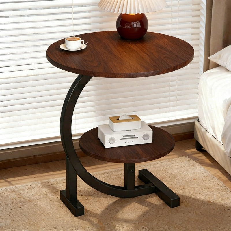 Modern Minimalist Wrought-iron Wooden Side Table with Marble Top. Space-saving Sofa\u002Fnightstand with Storage. Features Metal Frame and Crescent Base Design, Compact and Portable, Easy to Assemble. Ideal for Small Apartments, Living Rooms, Bedrooms.