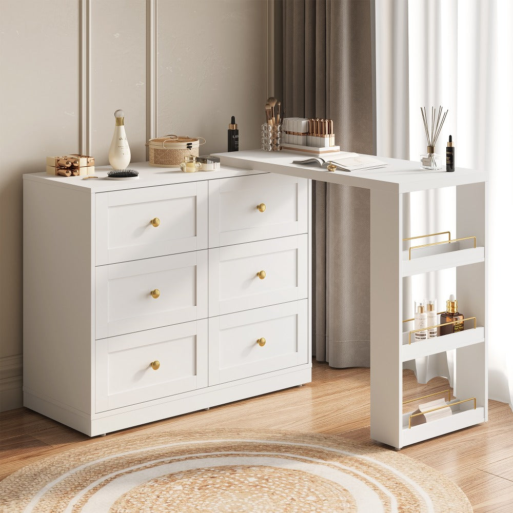 Royalcraft 6-Drawer Expandable Corner Vanity Table And Dresser Set with 3 Side Shelves, Makeup Vanity Desk, Wooden Dressing Table for Bedroom And Dressing Room