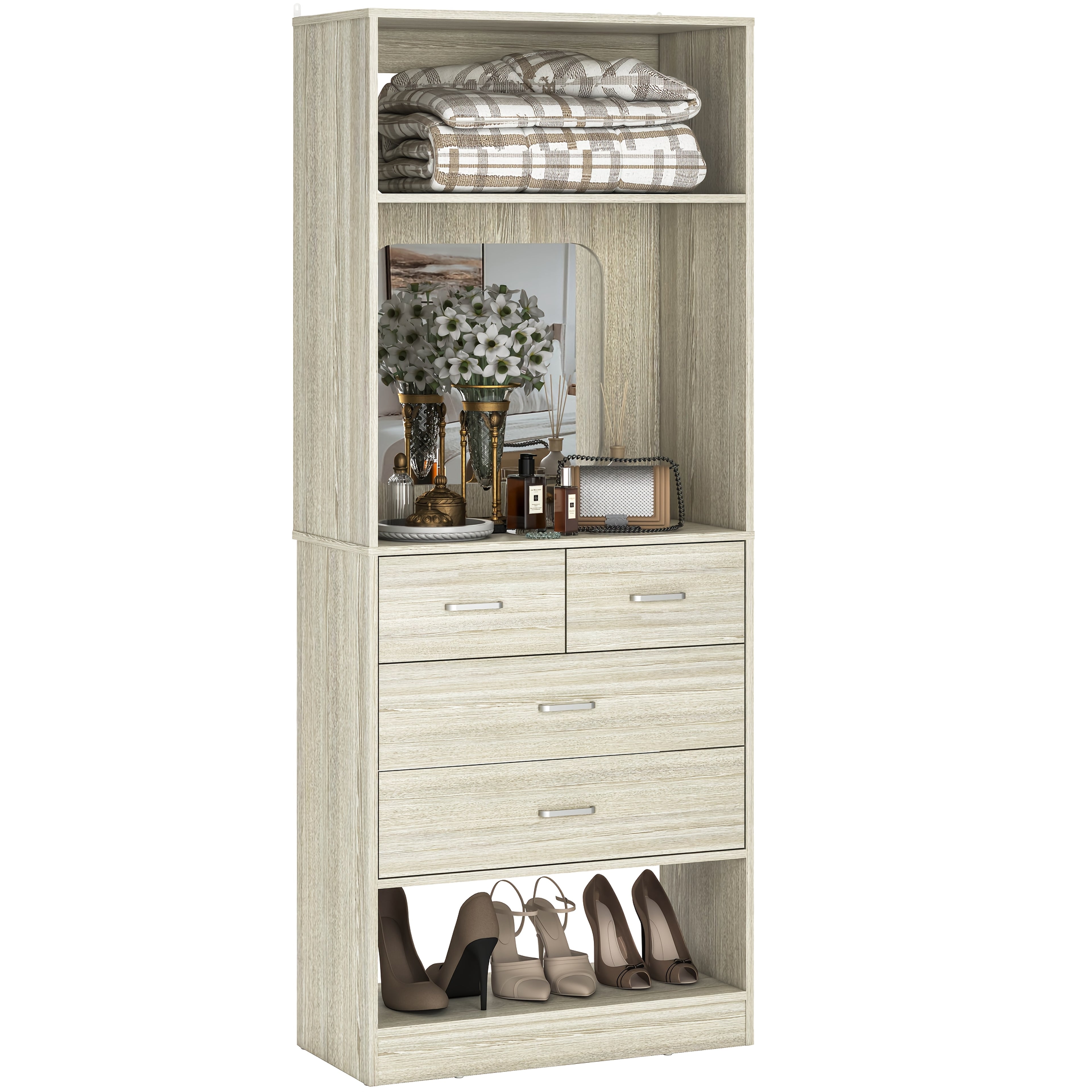 Unikito 25-Inch Wardrobe System Featuring Four Drawers, a 2-Foot Wooden Closet Organizer with Storage Shelves And a Mirror Design, a Robust Freestanding Walk-In Closet Tower for The Bedroom, Measuring 25\