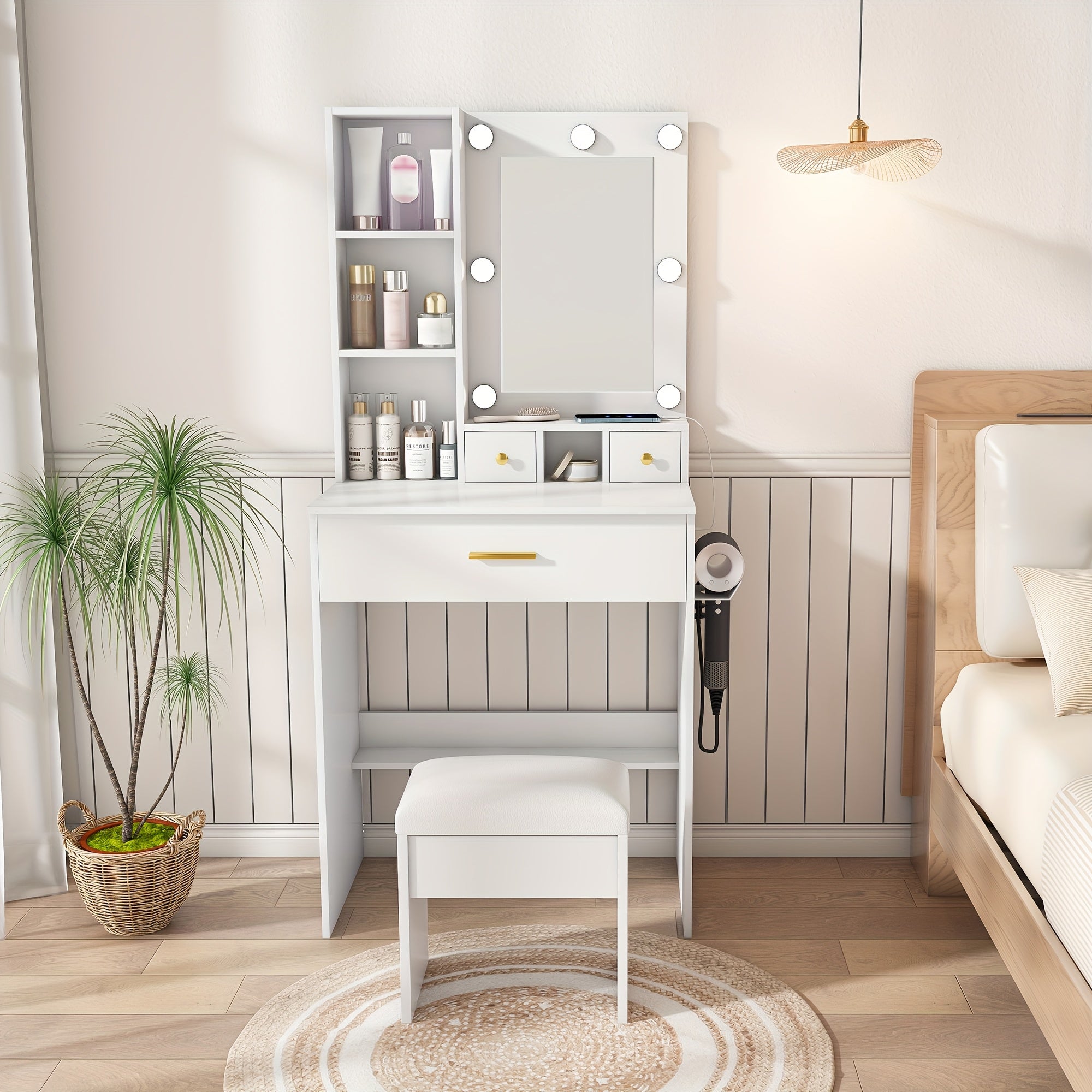 Vanity Table with Mirror & Adjustable LED Lights, Power Outlet, Hairdryer Holder & Stool -Compact Dressing Desk for Small Bedrooms(White\u002FBlack\u002FVintage), Black Vanity Desk with Mirror And Lights, Mini Vanity, Dressing Mirror with Storage
