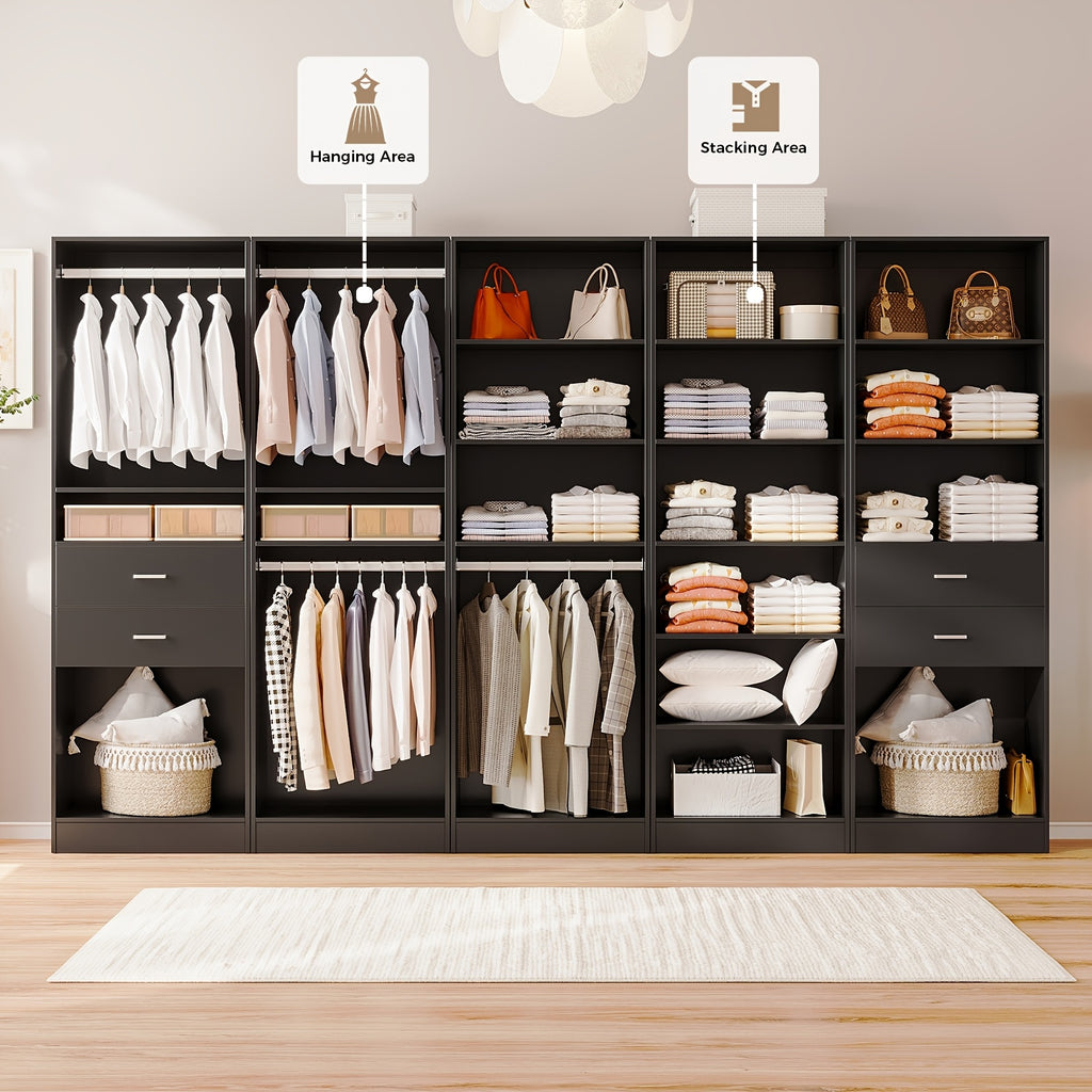 Modern Modular Closet System with Drawers, Hanging Rods & Shelves - MDF\u002FFiberboard Wardrobe Organizer Suitable for Entry, Bedroom, Living Room, Tall Storage Cabinet Unit with Hanging Space, Shelves & -Standing, Assembly