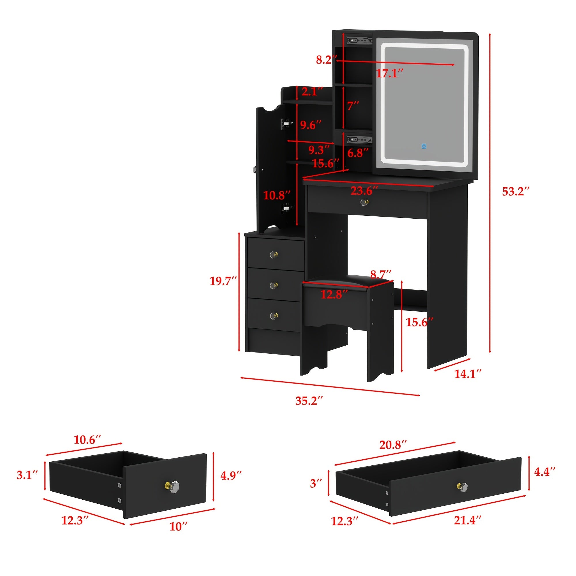 Modern Makeup Vanity Set with Mirror, 4 Drawers & Stool | Spacious Dressing Table with Hidden Storage Shelves, 52.4\