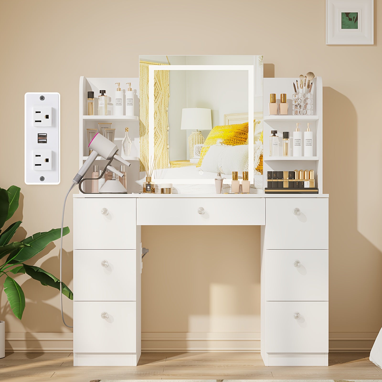 Glass Top Makeup Vanity with Large Lighted Mirror And Charging Station, 3 Lighting Modes And Adjustable Brightness, Vanity Table with 7 Drawers And 6 Open Shelves, White, Black