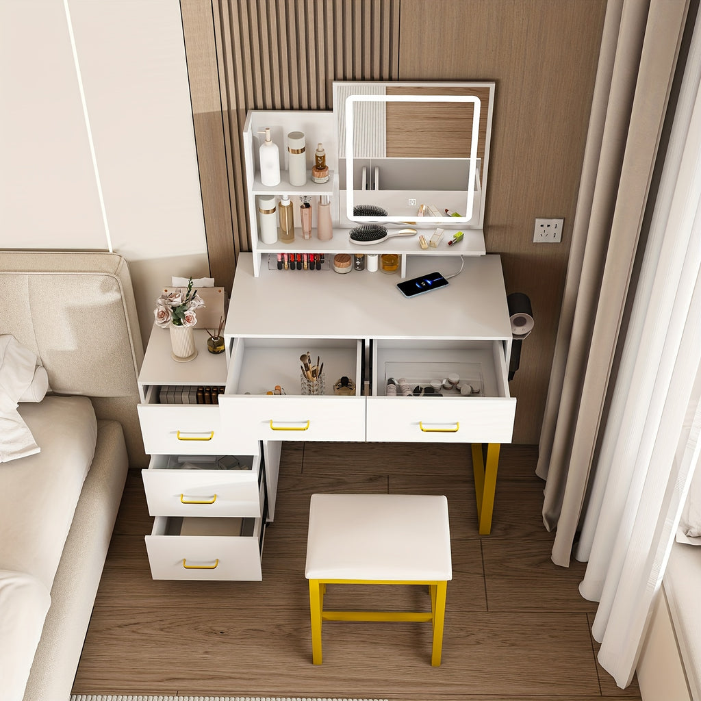 Montary Modern Dressing Table with Mirror And Light, Dressing Table with 5 Storage Drawers And Shelves, Dressing Table Set with Adjustable 3 Mode Lighting And Hairdryer Holder, White And Golden