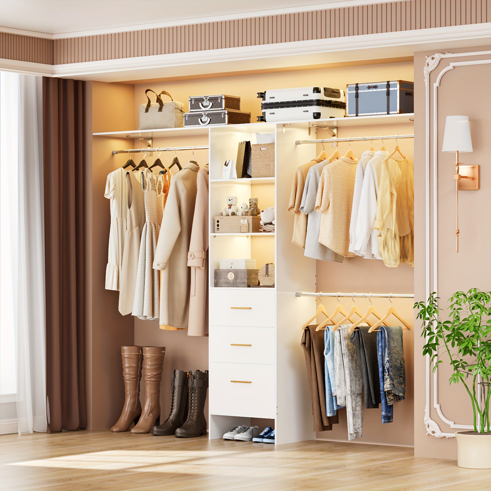Closet System with Drawers, 8ft Walk In Closets Organizer with 3 Shelving Towers, 96\