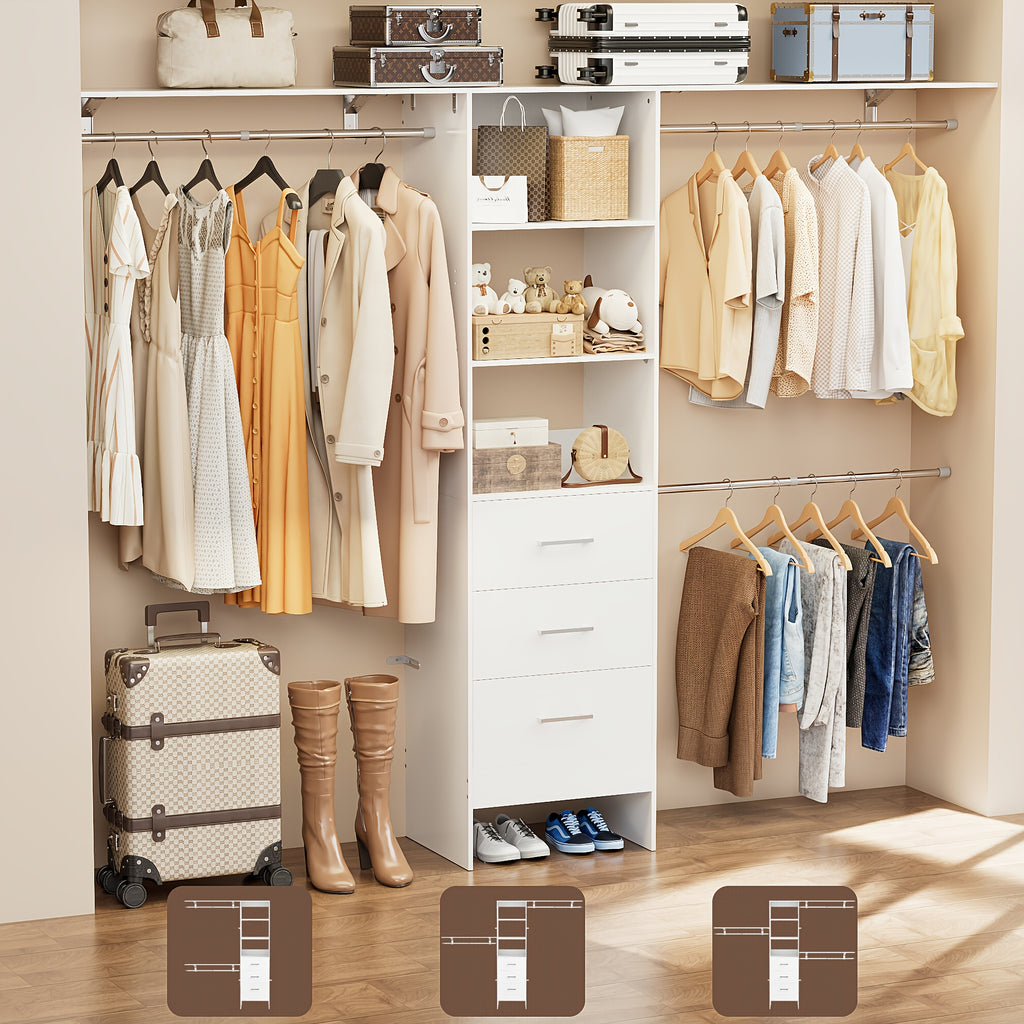 Closet System with Drawers, 8ft Walk In Closets Organizer with 3 Shelving Towers, 96\