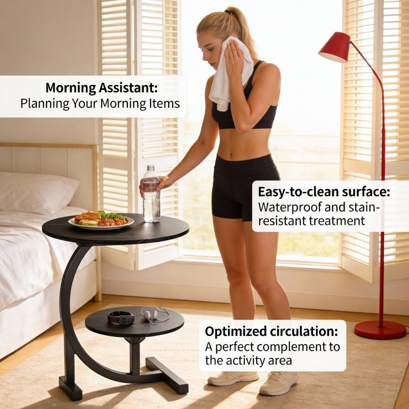 Modern Minimalist Wrought-iron Wooden Side Table with Marble Top. Space-saving Sofa\u002Fnightstand with Storage. Features Metal Frame and Crescent Base Design, Compact and Portable, Easy to Assemble. Ideal for Small Apartments, Living Rooms, Bedrooms.