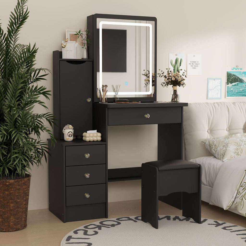 Modern Makeup Vanity Set with Mirror, 4 Drawers & Stool | Spacious Dressing Table with Hidden Storage Shelves, 52.4\