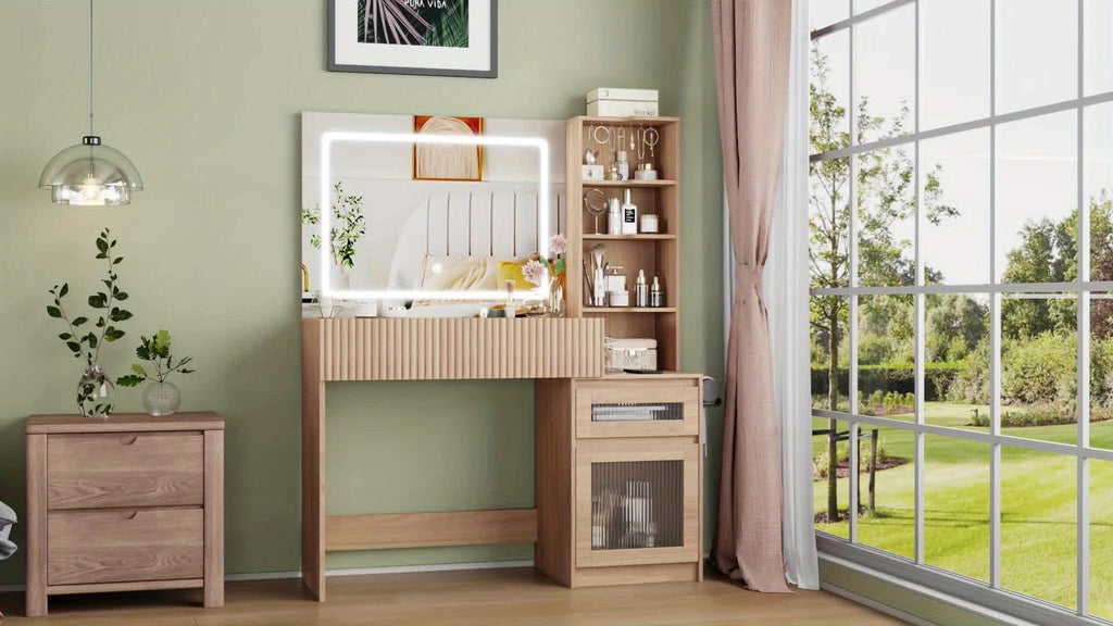 Makeup Vanity Desk with Mirror & LED Lights | USB Charging Station, 2 Drawers & Storage Shelves