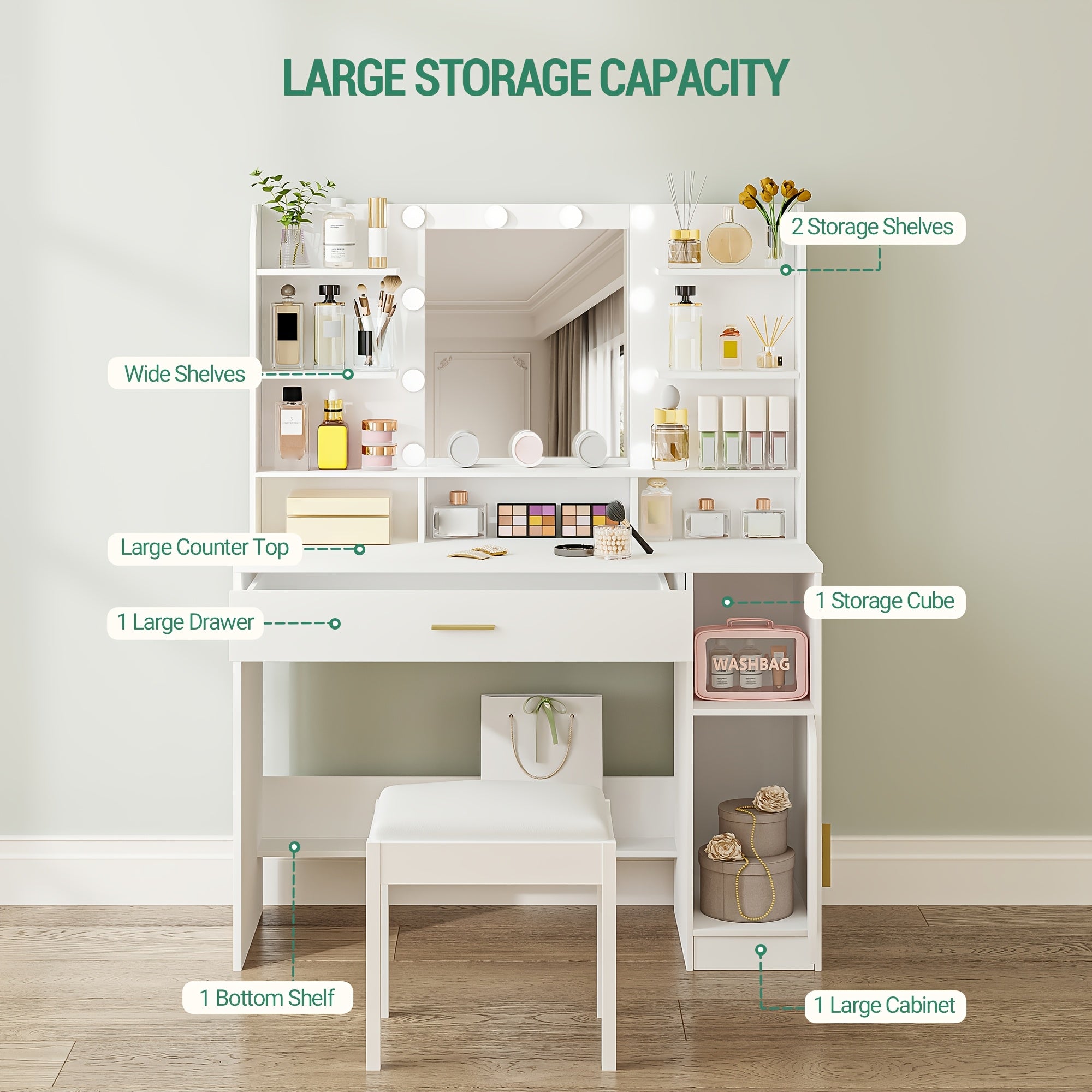 Vanity with Mirror and 10 LED Lights, 3-Level Adjustable Brightness, Dressing Table with Hidden & Open Shelves, Makeup Desk with Oversized Drawer Cabinet in White