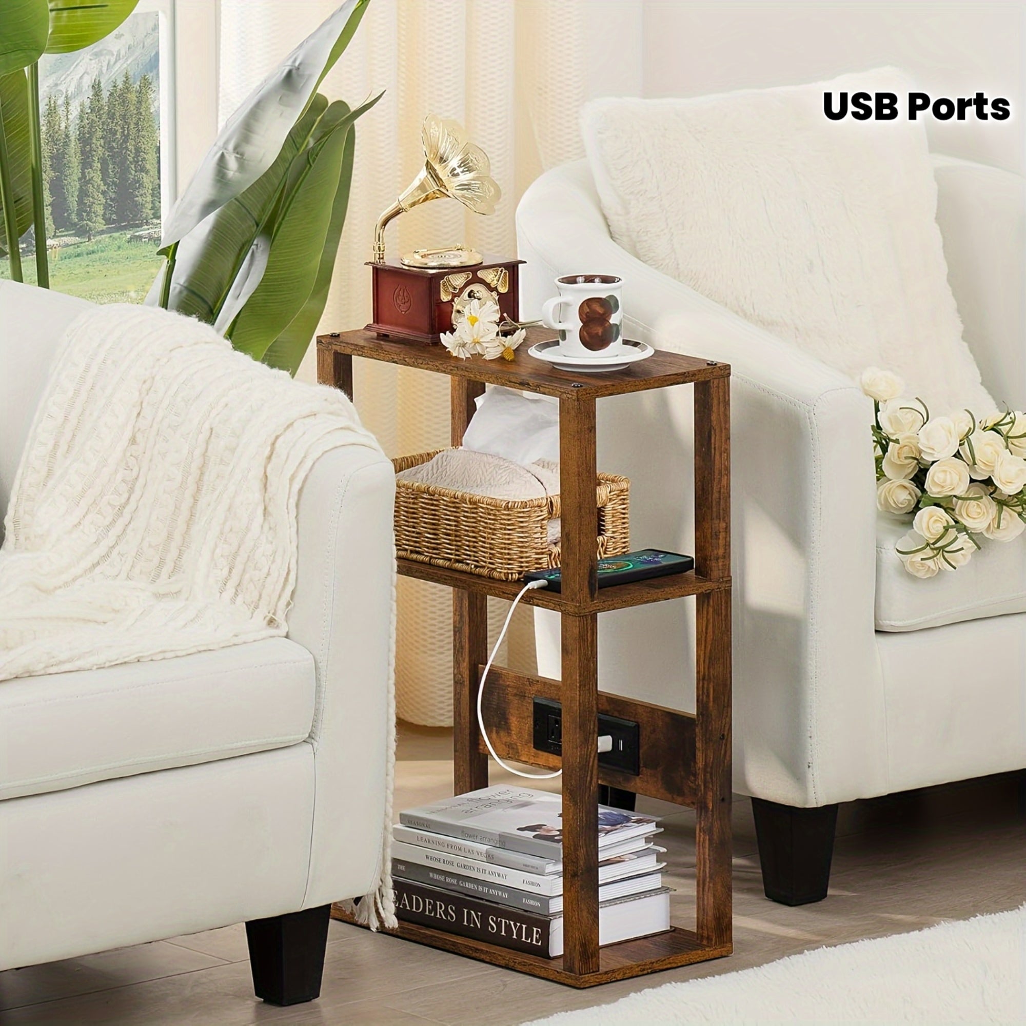 3-Tier Small Narrow Wood Side Table With Charging Station, Skinny Nightstand For Small Space, Slim Bedside Table With Storage For Couch, Thin End Table With USB Ports And Outlets, Rustic Brown