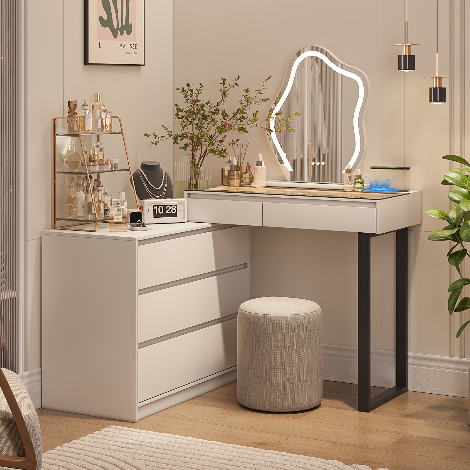 Corner Vanity Desk With Mirror And Lights, Makeup Table With Drawers & Jewelry Cabinet, 3 Color Led Lights & 5 Drawers Large Vanity With Storage, Bedroom, Dressing Table