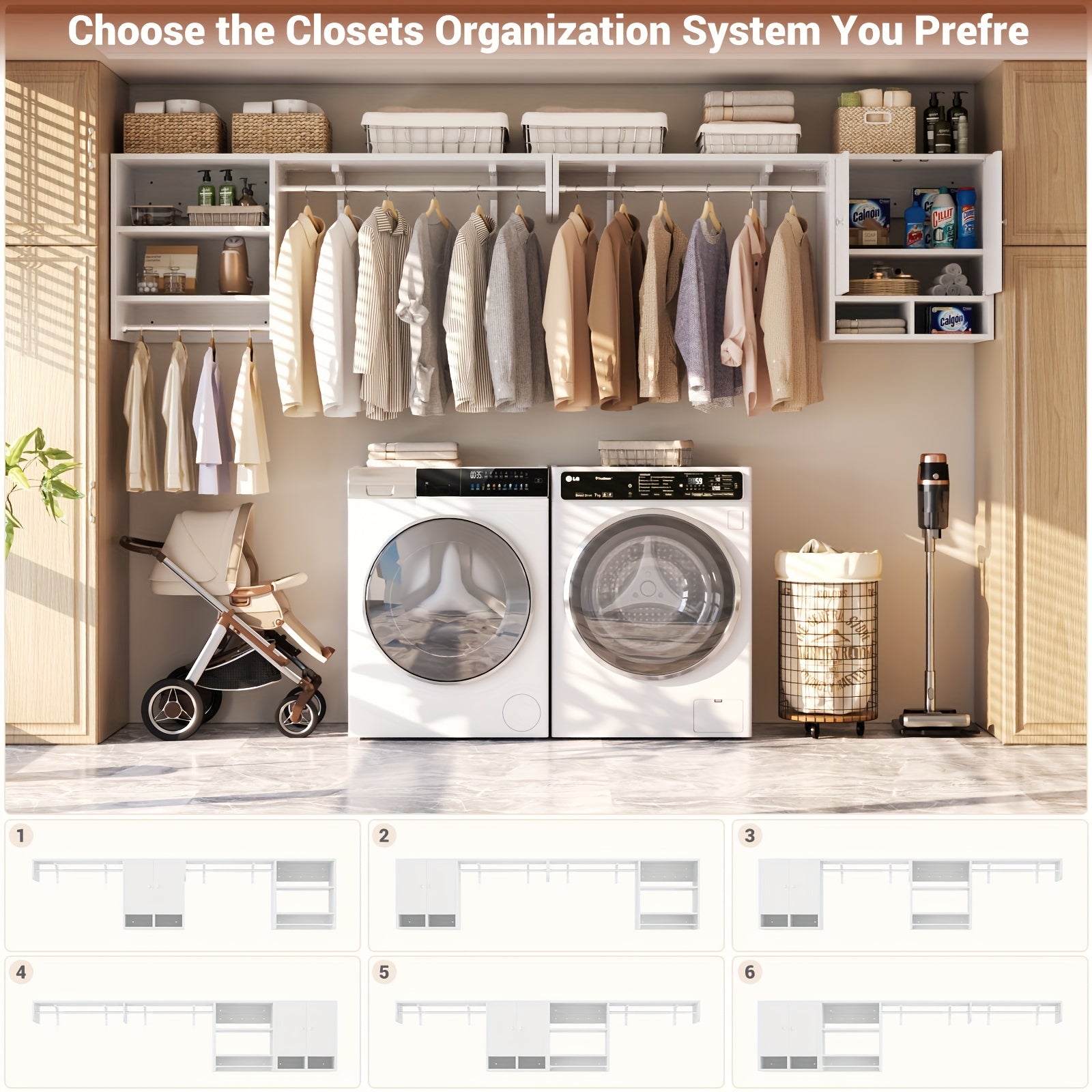 Unikito Wood Closet System with 3 Hanging Rods, 5-10ft Closet Organizer System with Wooden Cabinet & Cube Storage Organizer, Up to 118\