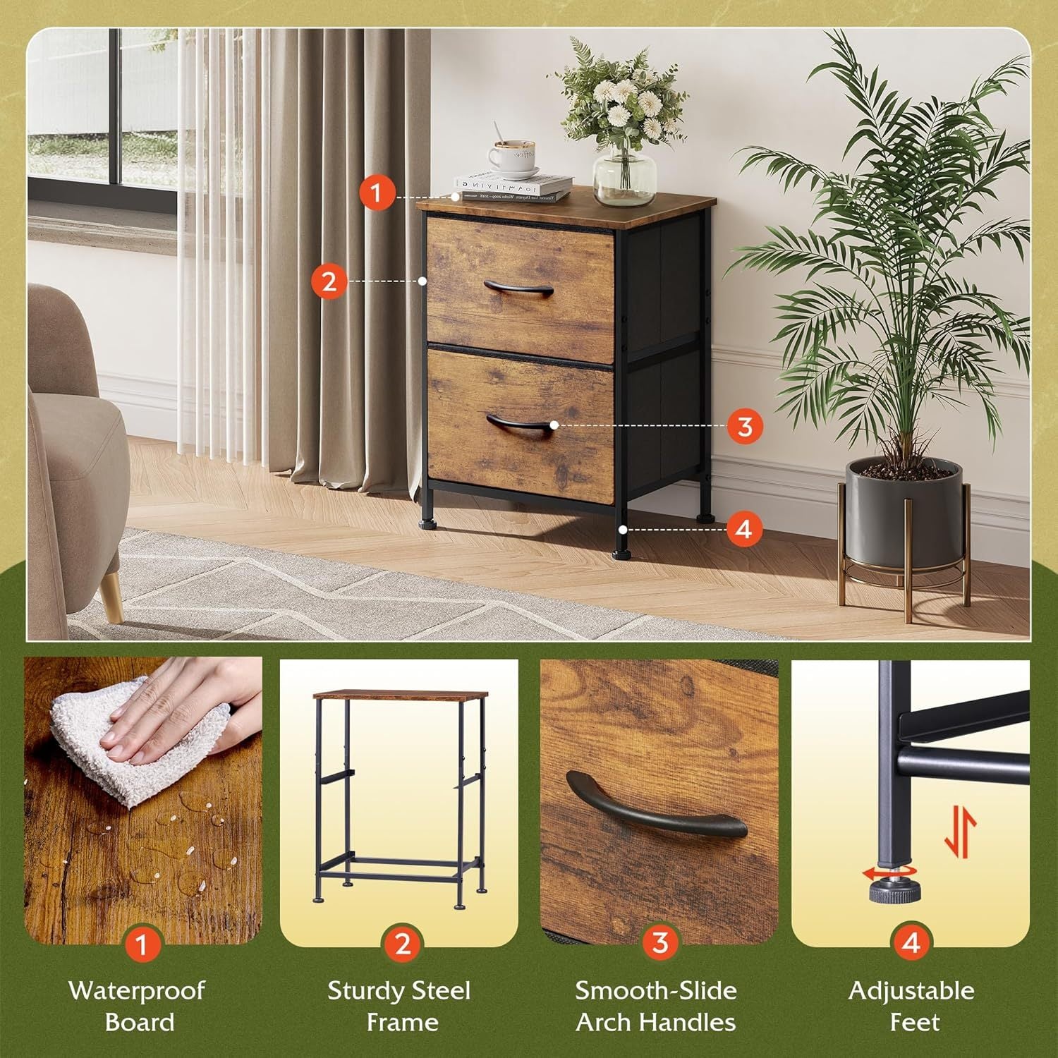 Night Stand, Small Dresser with 2 Drawers & Wooden Top, Nightstand with Fabric Bins, Bedside Table End Table for Bedroom, Closet, Entryway, College Dorm, Rustic Brown