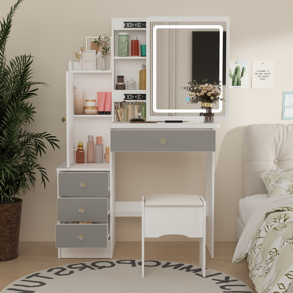 Modern Makeup Vanity Set with Mirror, 4 Drawers & Stool | Spacious Dressing Table with Hidden Storage Shelves, 52.4\