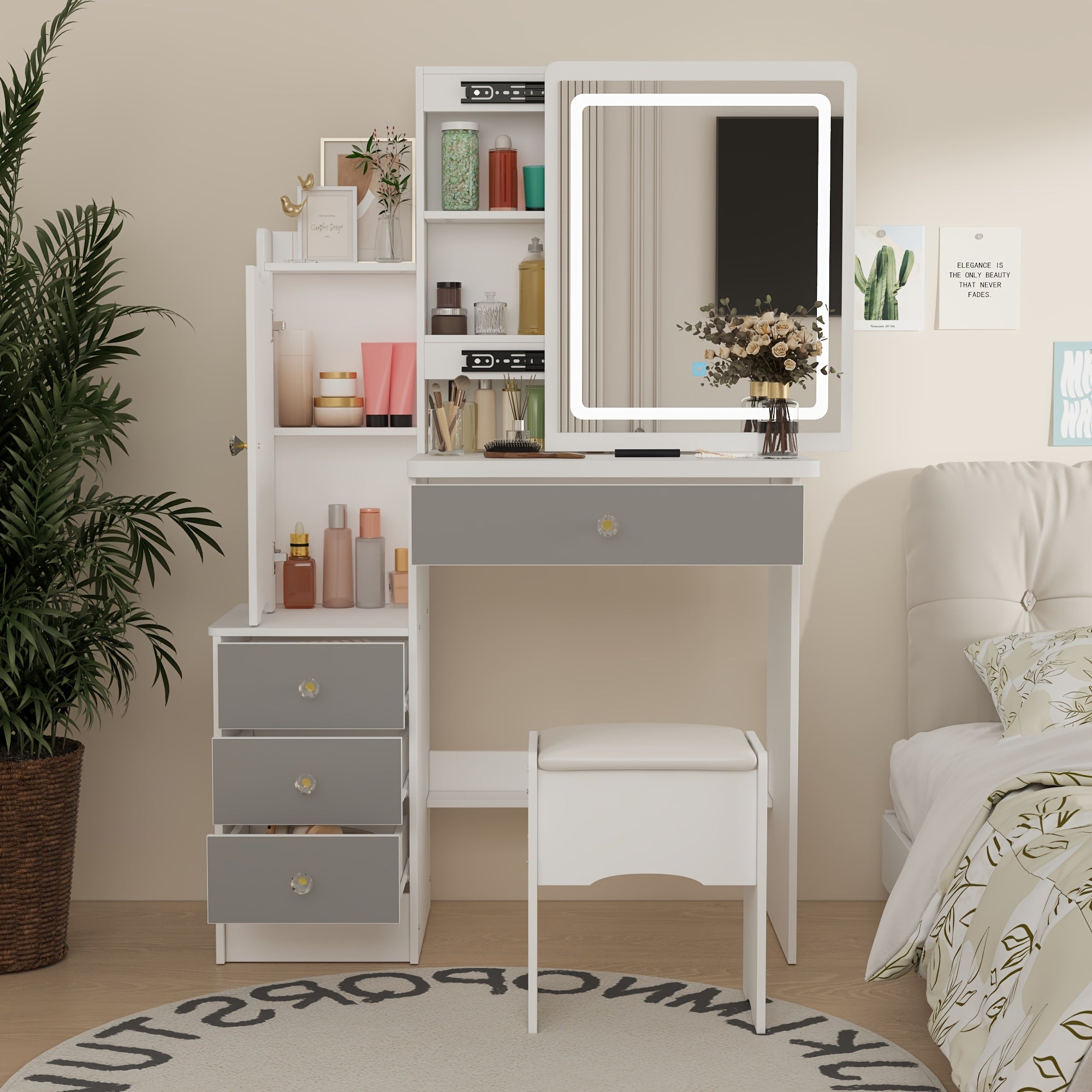 Modern Makeup Vanity Set with Mirror, 4 Drawers & Stool | Spacious Dressing Table with Hidden Storage Shelves, 52.4\