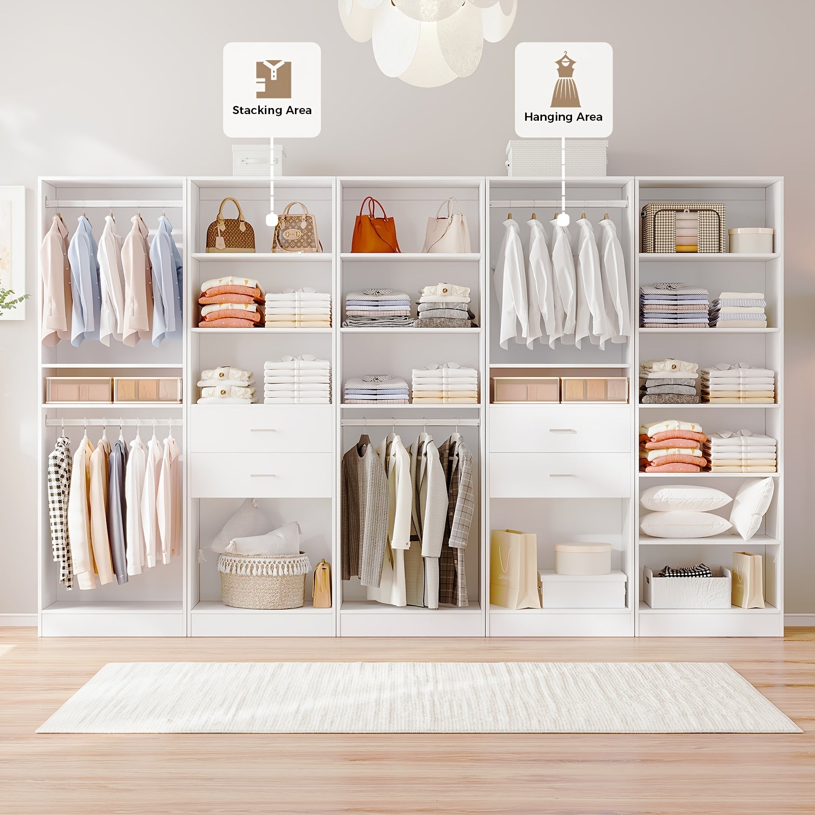Modern Modular Closet System with Drawers, Hanging Rods & Shelves - MDF\u002FFiberboard Wardrobe Organizer Suitable for Entry, Bedroom, Living Room, Tall Storage Cabinet Unit with Hanging Space, Shelves & -Standing, Assembly