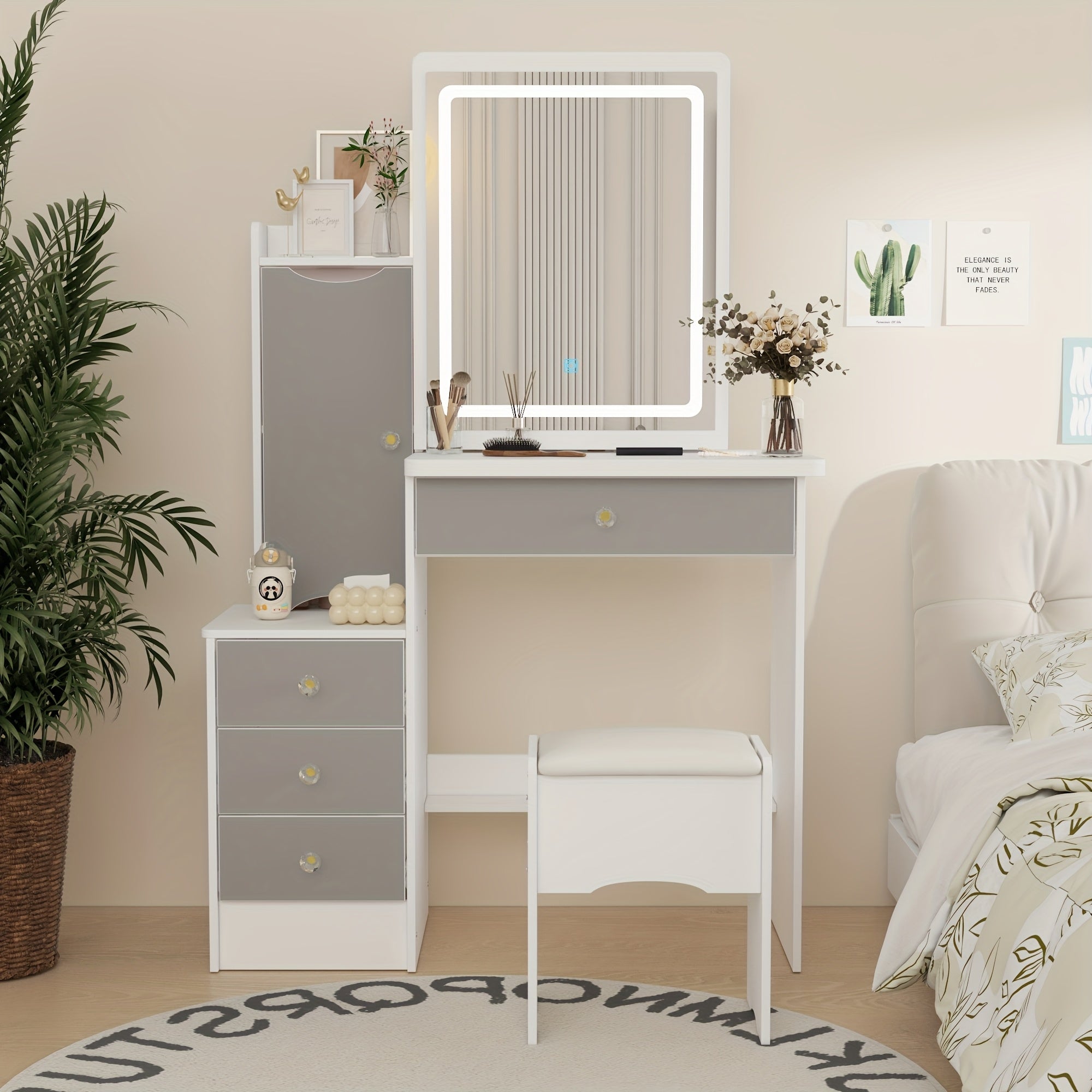 Modern Makeup Vanity Set with Mirror, 4 Drawers & Stool | Spacious Dressing Table with Hidden Storage Shelves, 52.4\