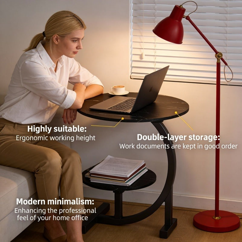 Modern Minimalist Wrought-iron Wooden Side Table with Marble Top. Space-saving Sofa\u002Fnightstand with Storage. Features Metal Frame and Crescent Base Design, Compact and Portable, Easy to Assemble. Ideal for Small Apartments, Living Rooms, Bedrooms.
