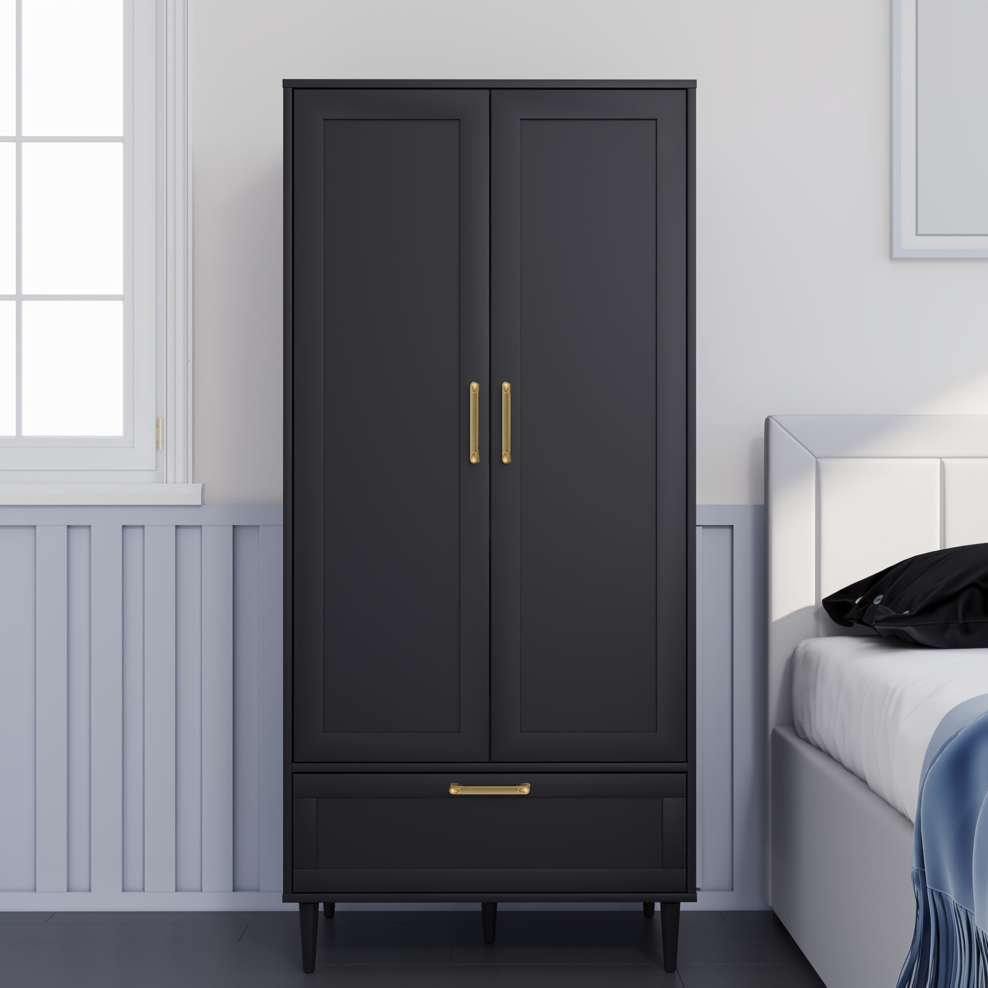 Modern Freestanding Wardrobe With Drawers, Double Doors, 60-Inch Large Capacity Storage Cabinet With Hanging Rod, Ideal For Bedroom Home Organization