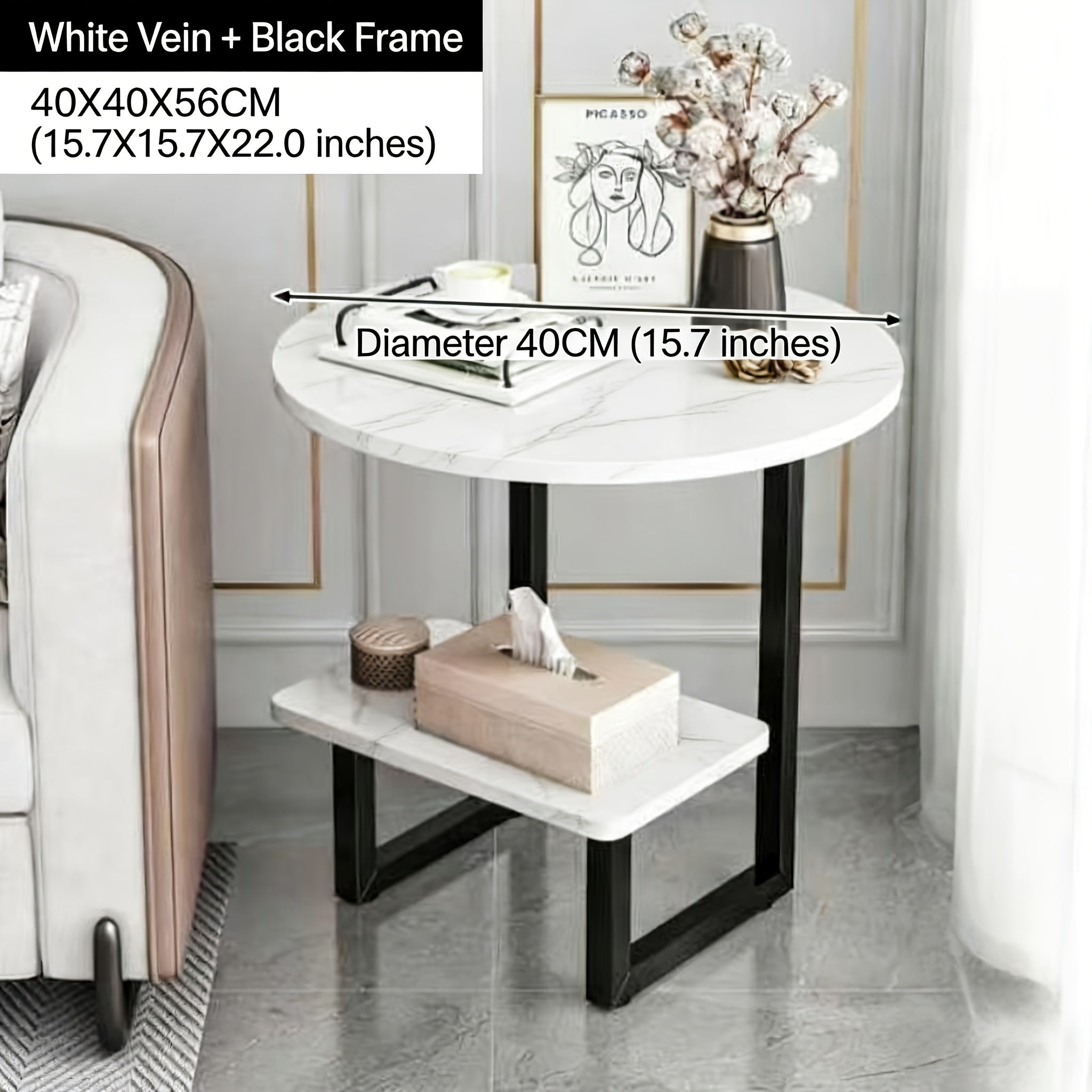 Contemporary Circular Bedside Table Featuring a Storage Shelf, with a White Marble Surface And a Black Metal Structure, Measuring 15.7 Inches in Diameter