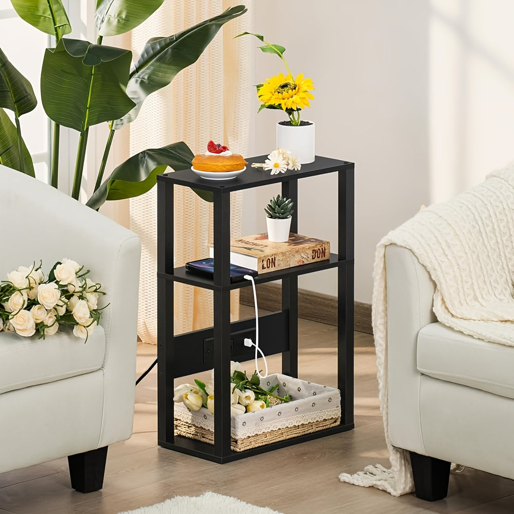 3-Tier Small Narrow Wood Side Table With Charging Station, Skinny Nightstand For Small Space, Slim Bedside Table With Storage For Couch, Thin End Table With USB Ports And Outlets, Rustic Brown