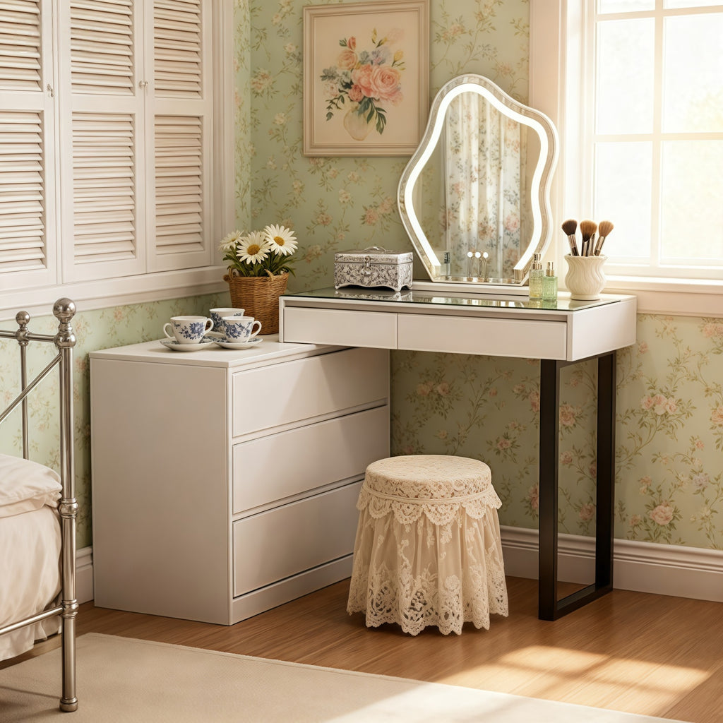 1pc Corner Vanity Table with Mirror And LED Lights - Farmhouse Style Makeup Dressing Table with Glass Top And 5 Drawers - Modern Vanity Desk with 3 Lighting Modes, White